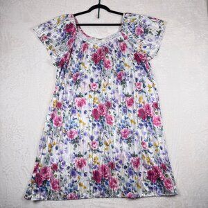 Vintage Floral Nightgown Dress White Pink Purple Pleated Lace Trim Women’s OS